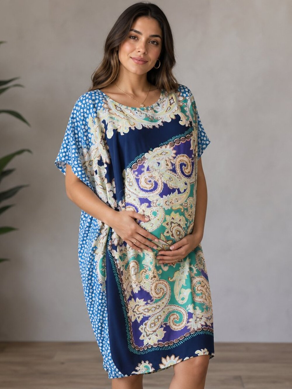 A Pea in the Pod Boho Paisley Maternity Caftan Dress – Turquoise & Navy – Size M